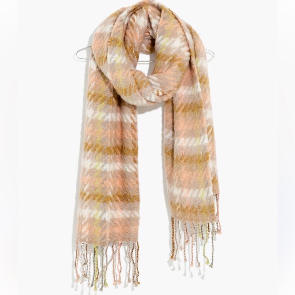 MADEWELL WOMENS WOOL BARWELL PLAID LARGE SCARF BEIGE PINK NEW